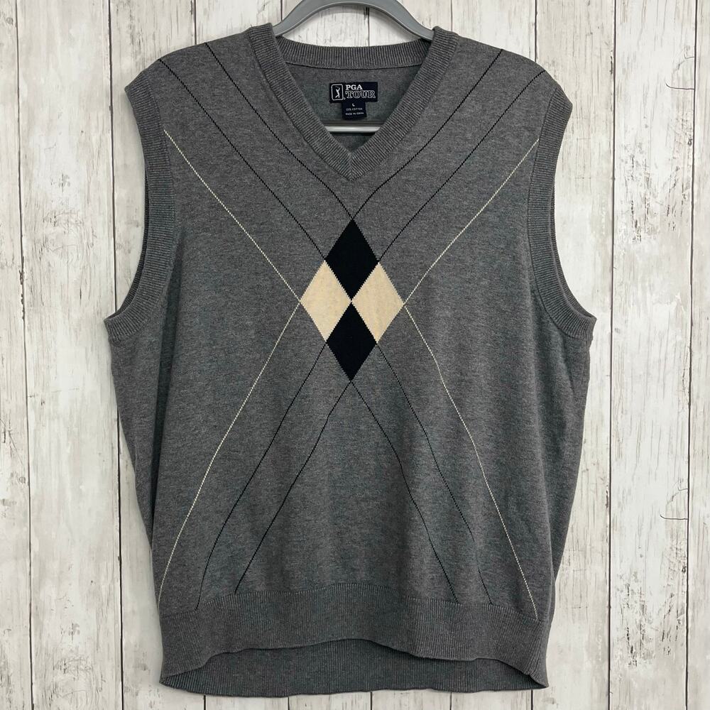 PGA Tour Gray Sleeveless Cotton Argyle V-Neck Golf Academia Sweater Vest Mens
